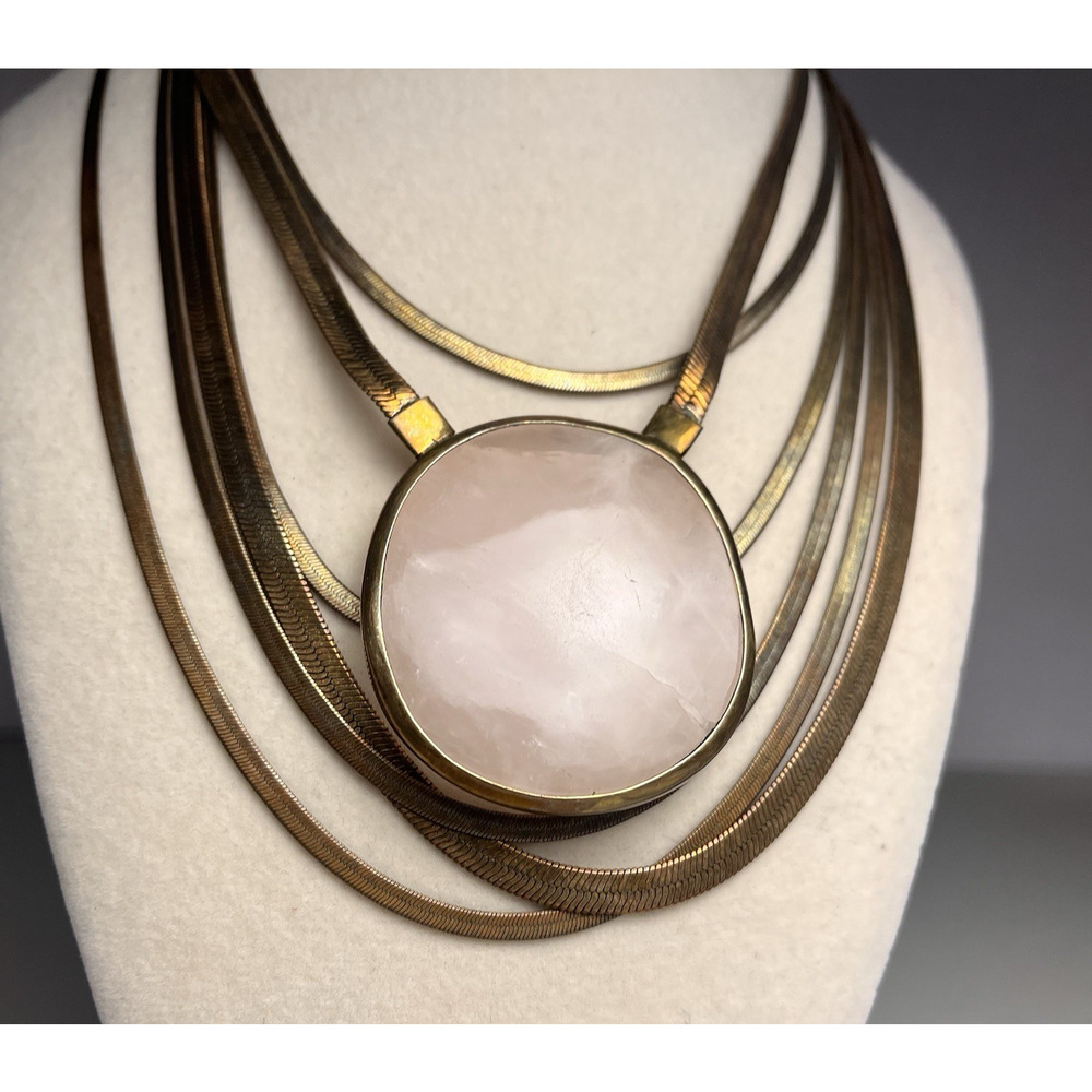 Lena Bernard Multi Strand Herringbone Necklace Rose Quartz Pendant Gold Tone VTG - Picture 4 of 12